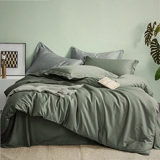 100% Cotton Duvet Cover Set King Size Grey Sage Satin Weave Silky Luxury Comf...