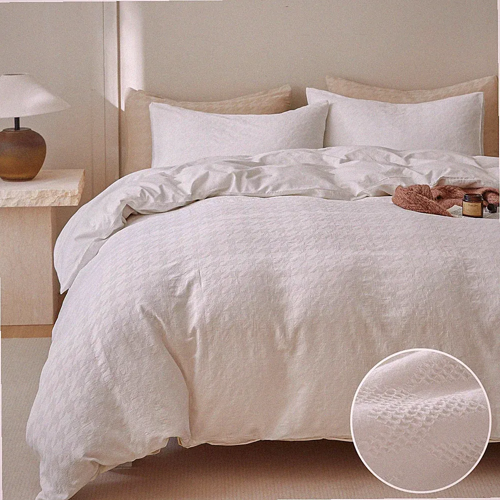 100 Cotton Waffle Weave Duvet Cover Set – Houndstooth Pattern, Soft Lightwei...