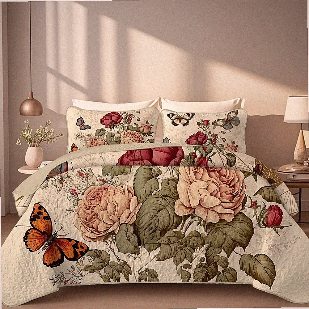 2/3-Piece Floral Printed Quilt Set, Durable Breathable Unique Summer Bedding Set