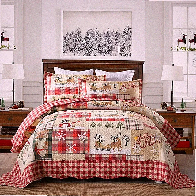 3 Pcs Cozy Cabin Christmas Quilt Set – Festive Bedspread with Rustic Lodge Charm