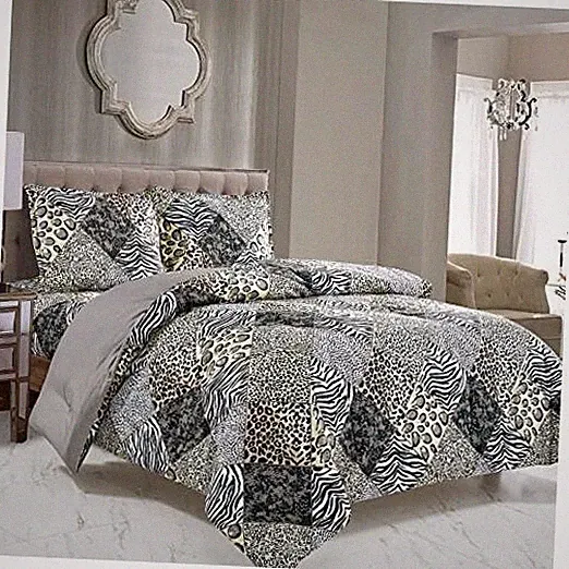 3 Piece Animal Print Comforter with Pillow Sham White Grey Leopard King Black