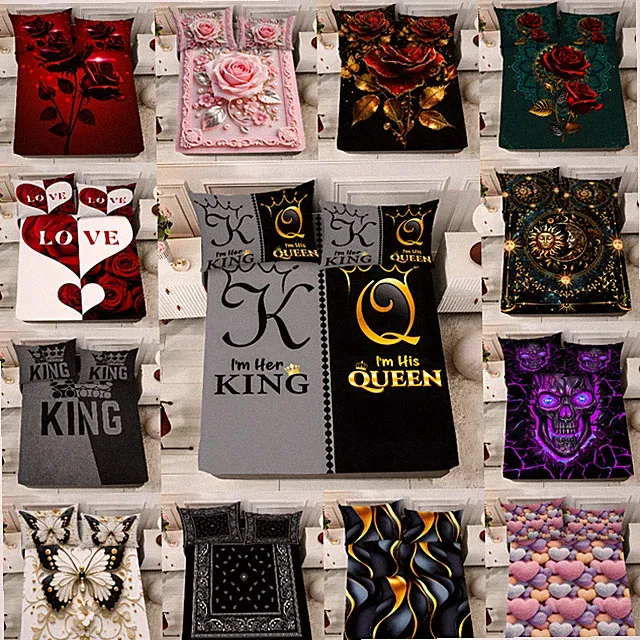 3 Piece Bed Sheet Set Printing Fitted Sheet King Queen Soft Comfort Deep Pocket