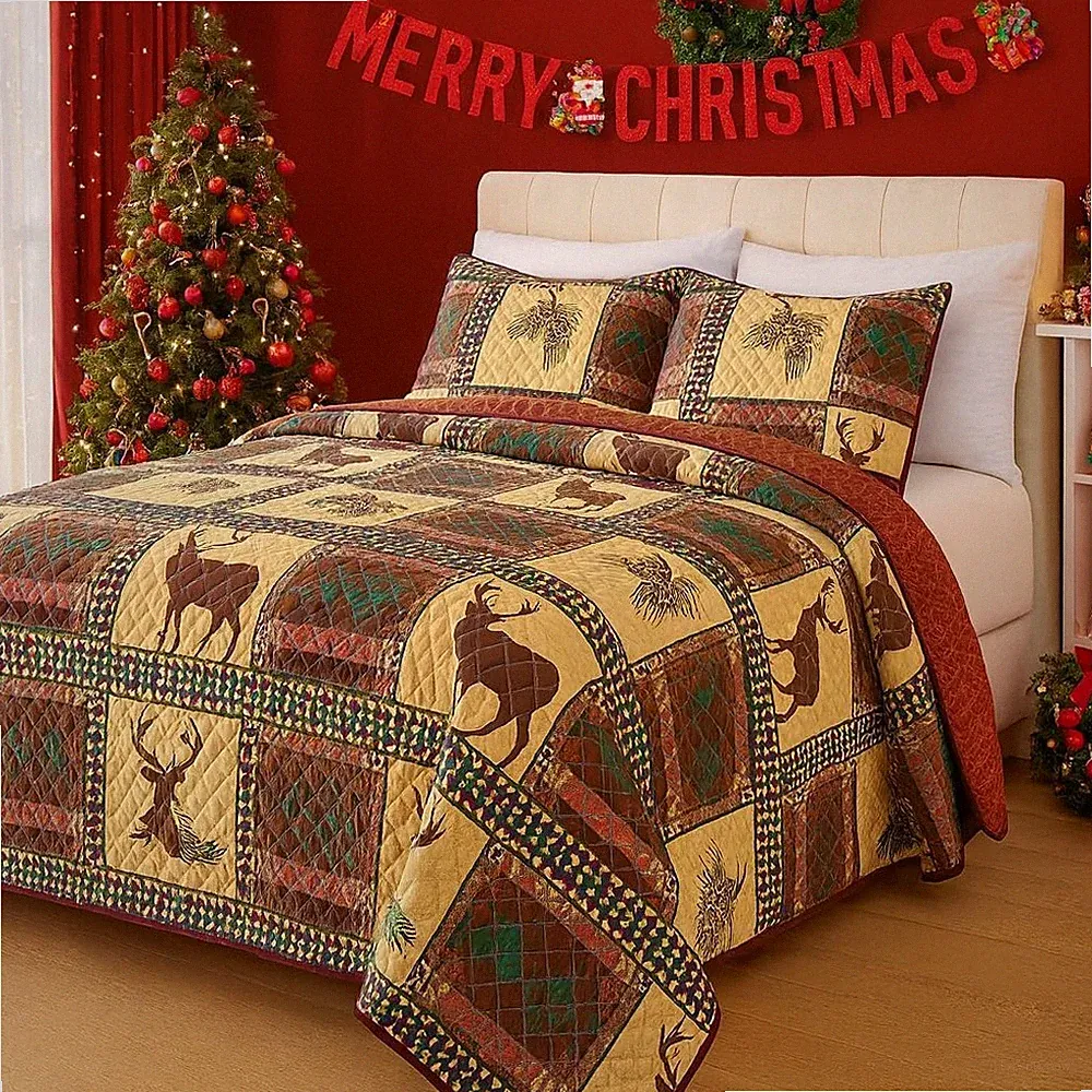 3-Piece Christmas Tree Quilts Set Queen Size Bedding Set Reversible（88"X92"）