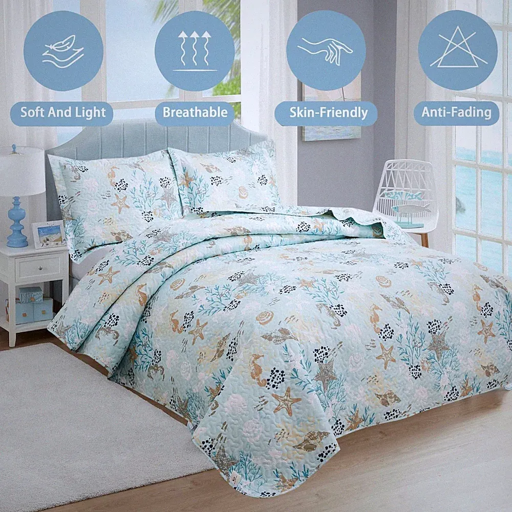 3-Piece Coastal Beach Bedspread Set Full/Queen Quilt Set Blue Ocean Theme Bed...