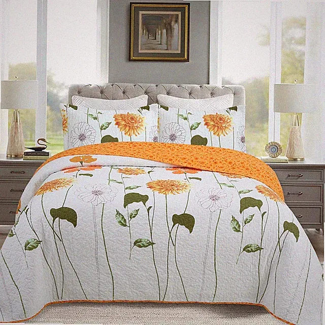 3 Piece Soft Cotton Printed Sunflower Quilt Set Lightweight Bedspread Set