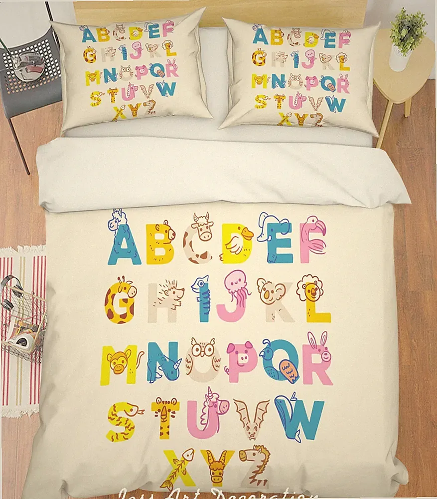 3D Animal Alphabet Quilt Cover Set Bedding Sets Pillowcases Queen 2