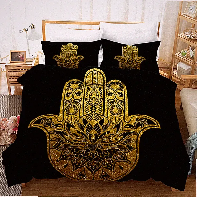 3D Geometric Line Pattern Black Gold Quilt Cover Set Bedding Sets Pillowcases