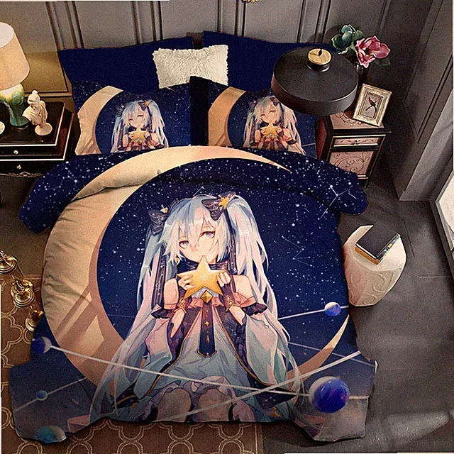 3D Girl Moon Stars Anime Kids Quilt Cover Set Bedding Sets Pillowcases 64