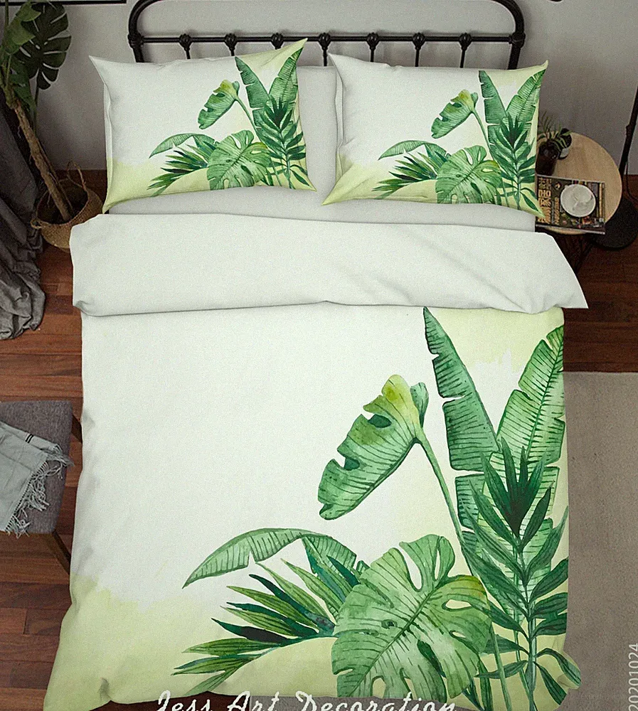 3D Green Leaf Tropical Plant Quilt Cover Set Bedding Sets Pillowcases Queen