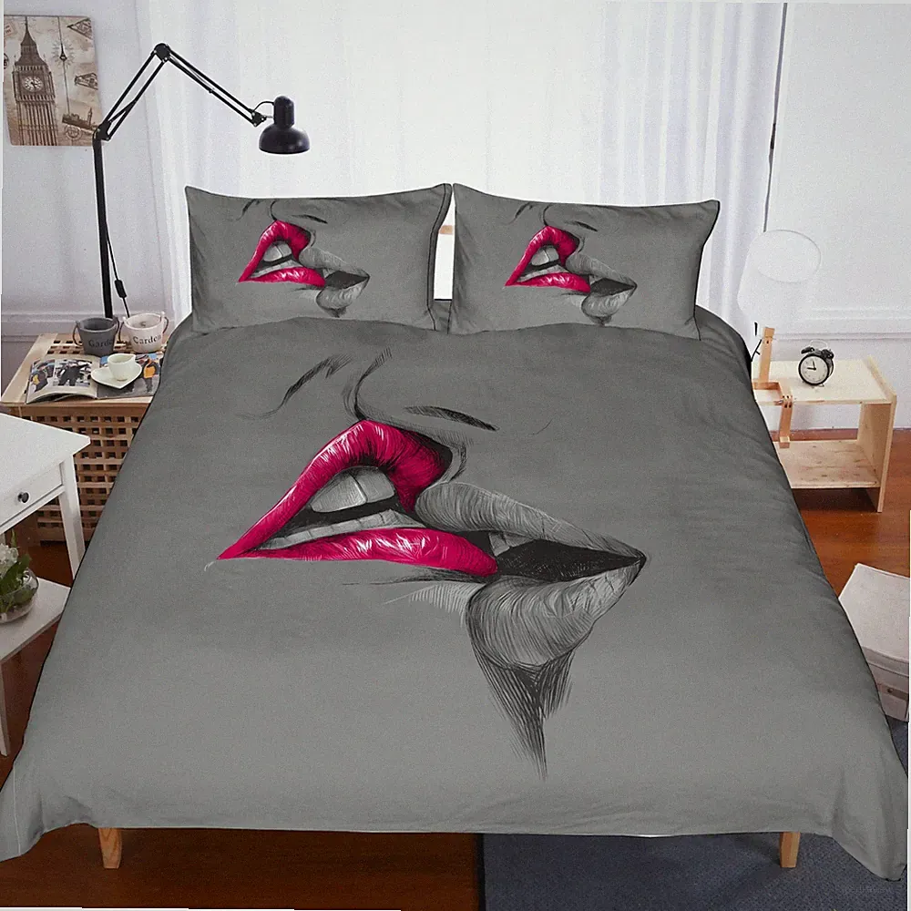 3D Red Lips Kiss Grey Quilt Cover Set Bedding Sets Pillowcases 64