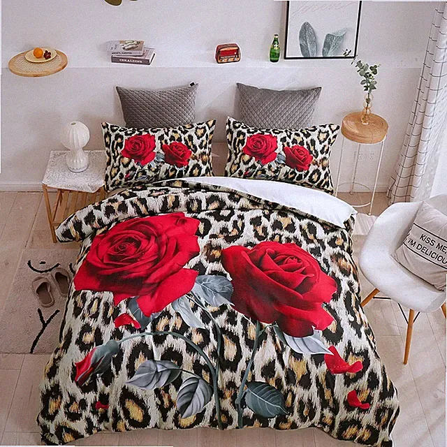 3D Red Rose Leopard Print Quilt Cover Set Bedding Sets Pillowcases
