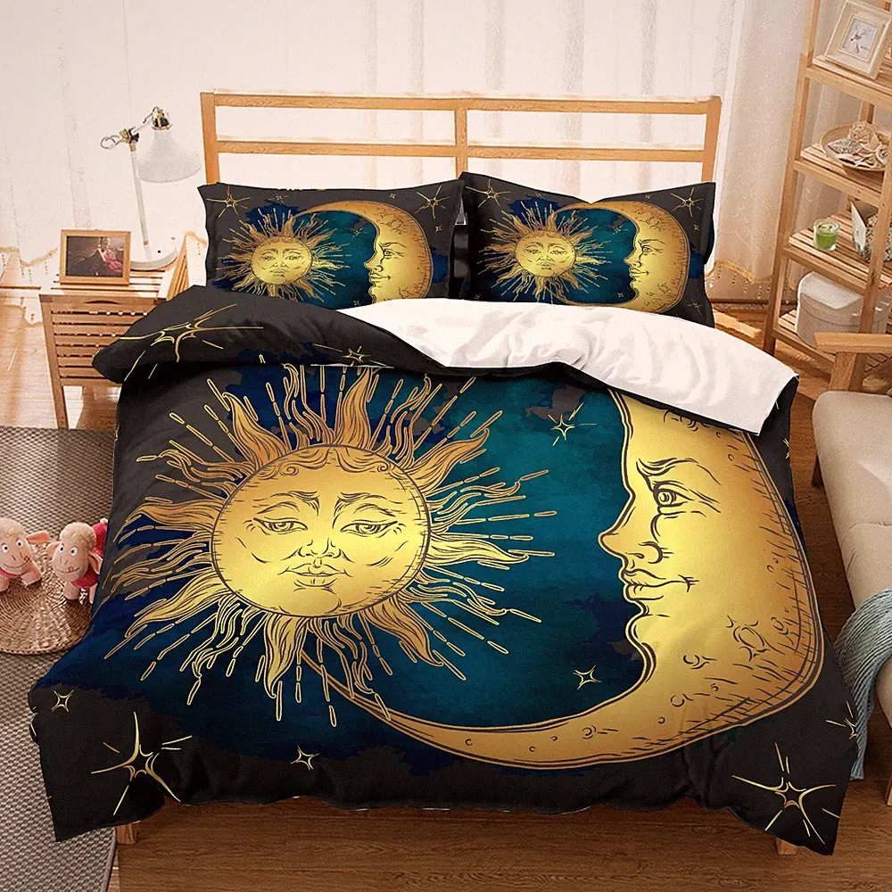 3D Sun Moon Cartoon Star Golden Blue Quilt Cover Set Bedding Sets Pillowcases 64