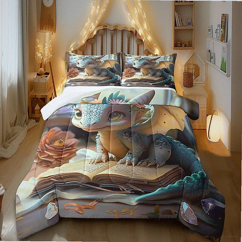 3pc King Dragon Comforter Set Cartoon Fantasy Bedding Cute Animal Quilt