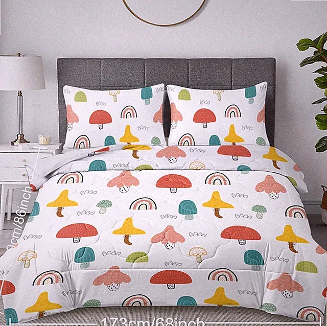 3PCS Colorful Comforter Set with 2 Pillow Covers Rainbow Mushroom Bedding Set