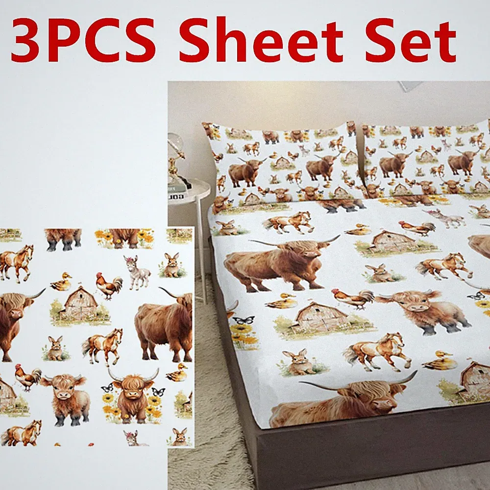 3PCS Soft Bedding Sheet Set Animals Cow Print Fitted Sheet with 2 Pillowcases