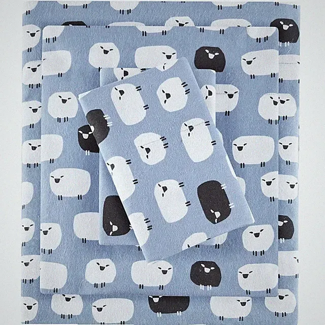 4 PCS Woolrich Cotton Sheet Set Flannel Queen Blue Sheep Fits 14 Inch Mattress