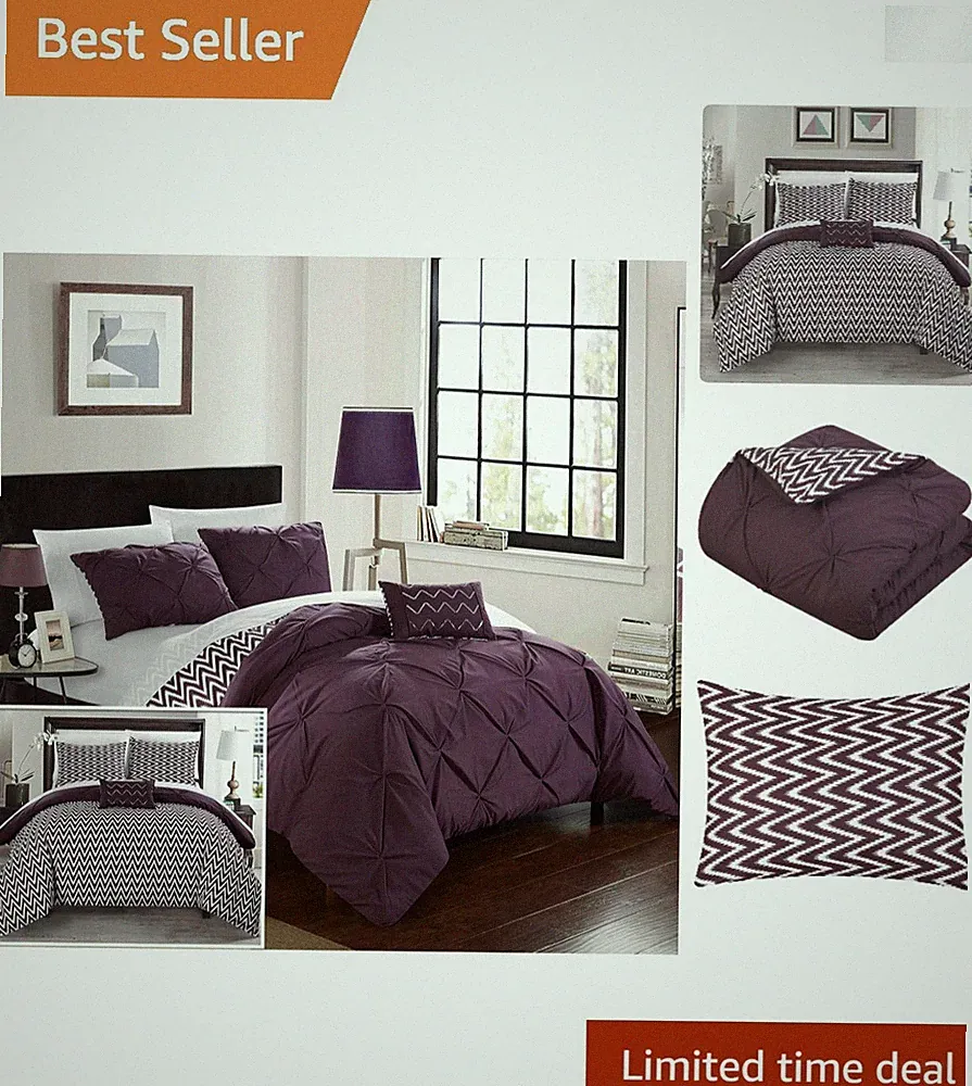 4 Piece Reversible Comforter Set - Pinch Pleat Ruffle & Chevron Design, Full/...