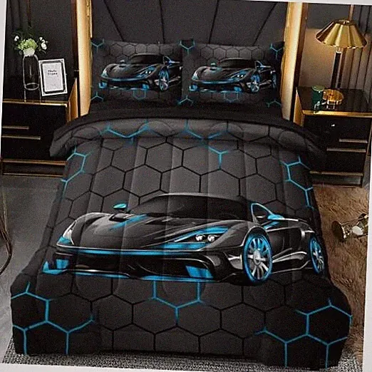 5 Pcs Race Car Twin Bedding Set for Boys, Blue Sports Car Twin-5pcs Blue-01