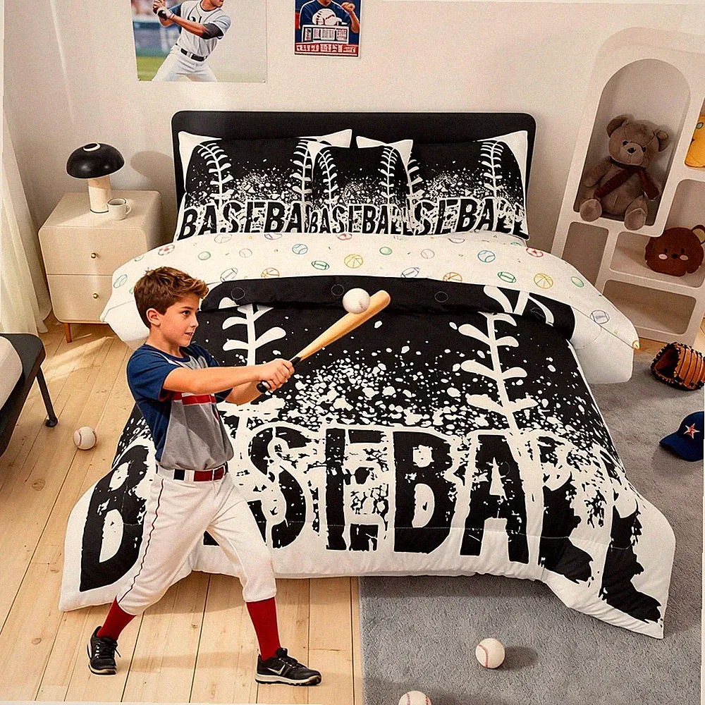 6 Pieces Baseball Bedding Sets Twin for Boys,Black and White Style Baseball S...