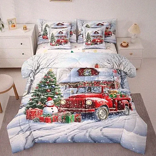 7 Pcs Red Farm Truck Bedding Set Size Merry Queen White Gray Red Green