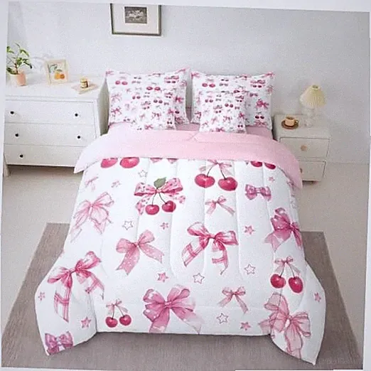 7 Pieces Bowknot Comforter Set Size, Cute Bow Cherry Bedding Set, King Pink 11