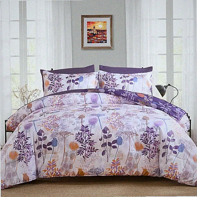 7Pieces Queen Comforter Set, Purple Botanical Bed in a Bag Complete Set with She