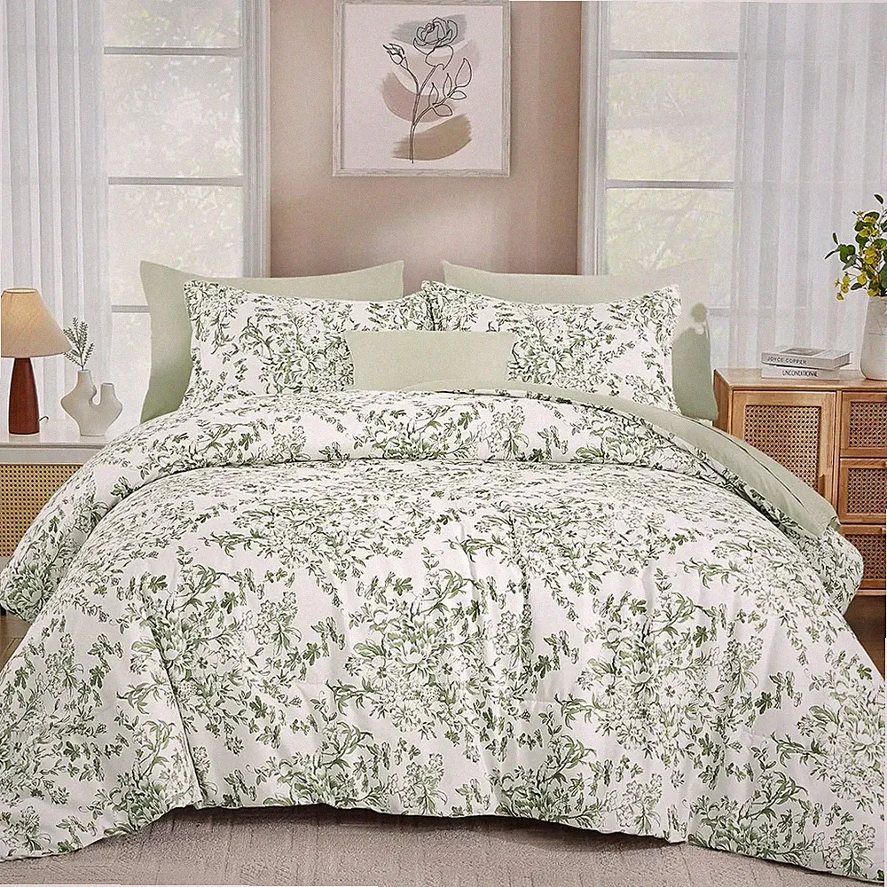 8 Pieces Queen Size Comforter Set Green, Sage Green Floral Bed in a Bag Comforte