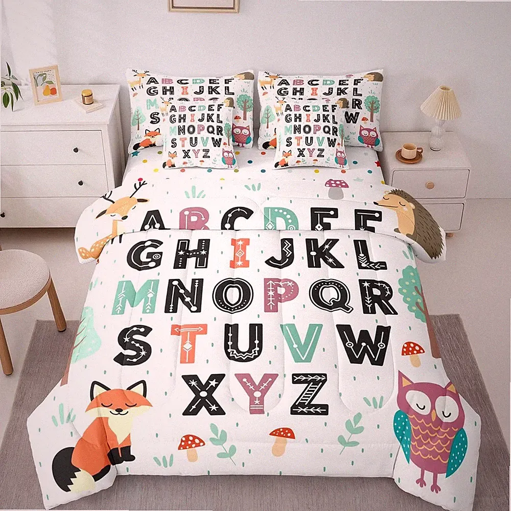 ABC Learning Comforter Set Twin Size - Woodland Animals Kids Bedding Set