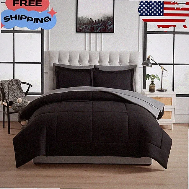 All in One Reversible Comforter and Sheet set- 7 Piece, Queen, Black