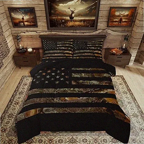 American Flag Camo Comforter Set,Military Hunting Bedding Set Queen Pattern 16