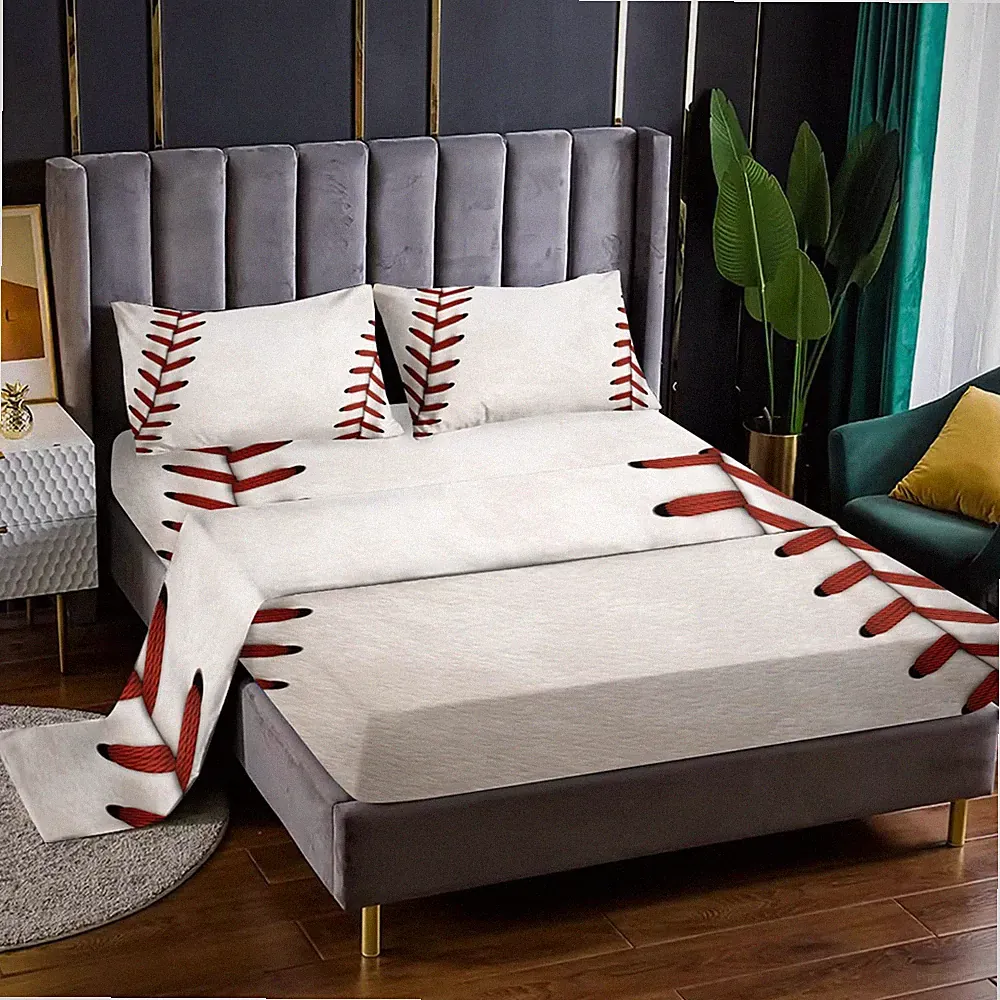 Baseball 4 Pieces Bed Sets Queen Size Baseball Bedding Sets with 16" Deep Poc...
