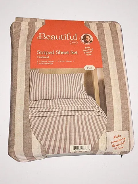 Beautiful by Drew Barrymore Natural Stripe Full Sheet Set 100% Cotton 4pc