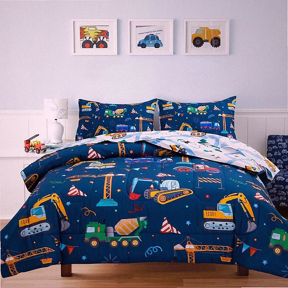 Bedding, cartoon construction vehicles, reversible dormitory bed set for boys