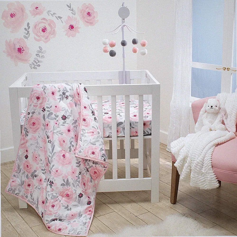 Bedtime Originals Blossom Pink Watercolor Floral 3-Piece Mini Crib Bedding Set