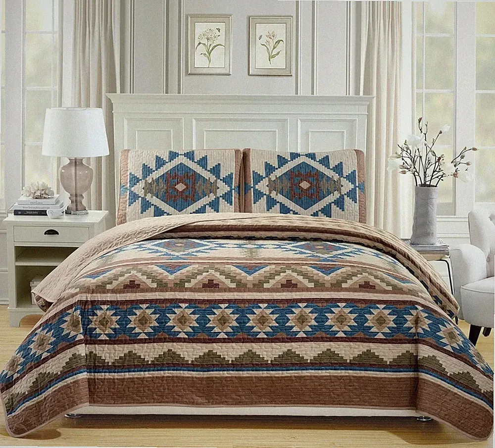 Beige Southwest Tribal Western 3 Piece Quilt Set King California King Coverlet