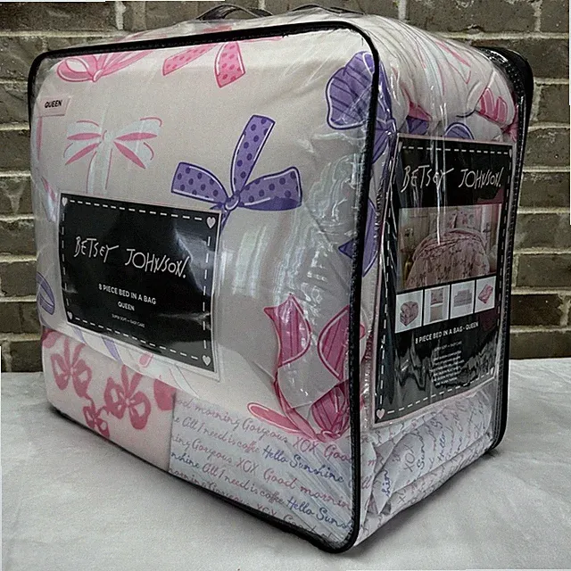 Betsey Johnson 8 Piece Comforter Set Sheets Throw Queen Pink Bows & Ribbons NEW