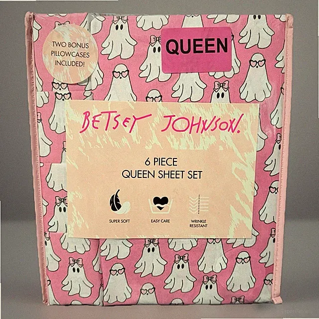 Betsey Johnson Hey Boo Ghost Sheet Set Queen 6 Piece Super Soft Easy Care Pink