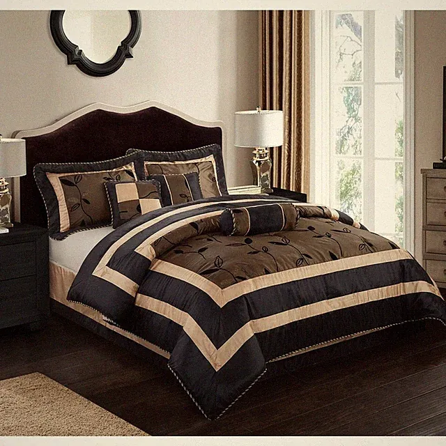 Black Brown Leaf Hotel Striped Nature 6 pc Comforter Set Full Queen Cal King Bed