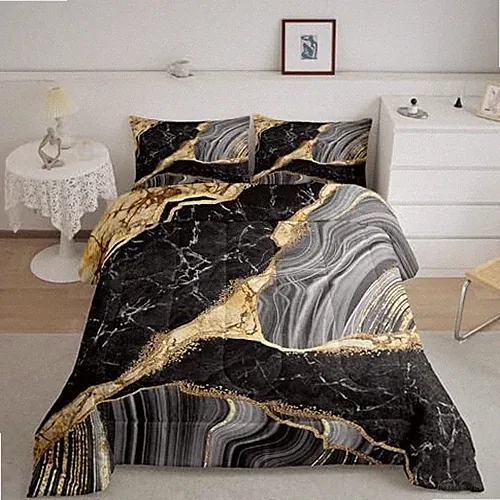 Black & Gold Metallic Marble Comforter Set - Abstract Marble Queen Multi Aa01