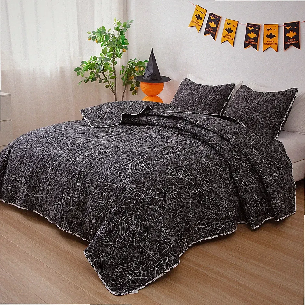 Black Spider Web Print Halloween Bedding Ultra Soft Halloween Theme Quilt Cover