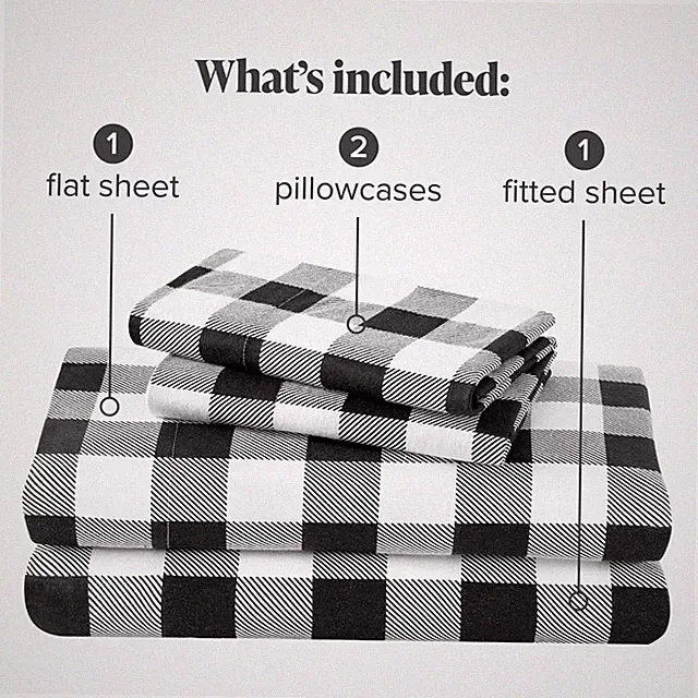 BLACK & WHITE BUFFALO PLAID MICROFIBER 4PC BED SHEET SET in QUEEN & KING SIZES
