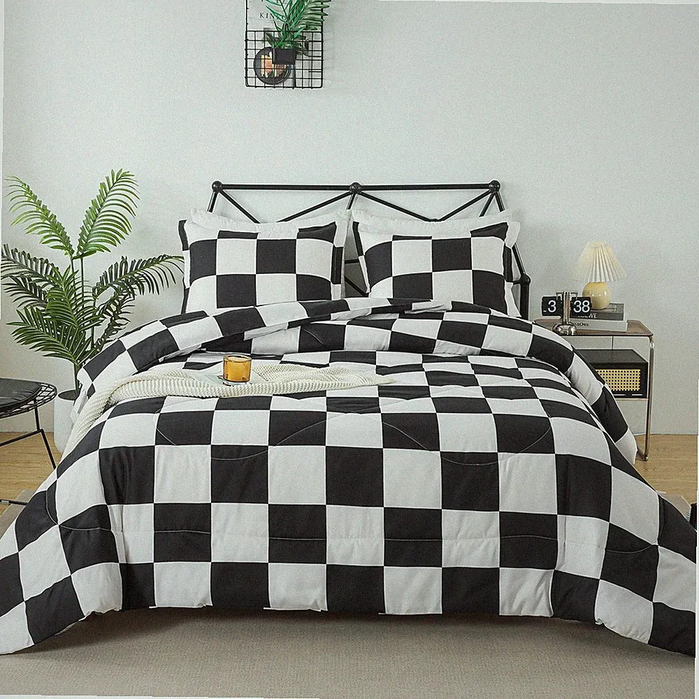 Black White Comforter Set Twin Size, Checkered Plaid Comforter Bedding Set, F...