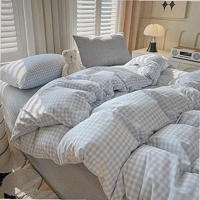 Blue and White Gingham Queen Duvet Cover Set with Pillow Shams - 3 Pcs