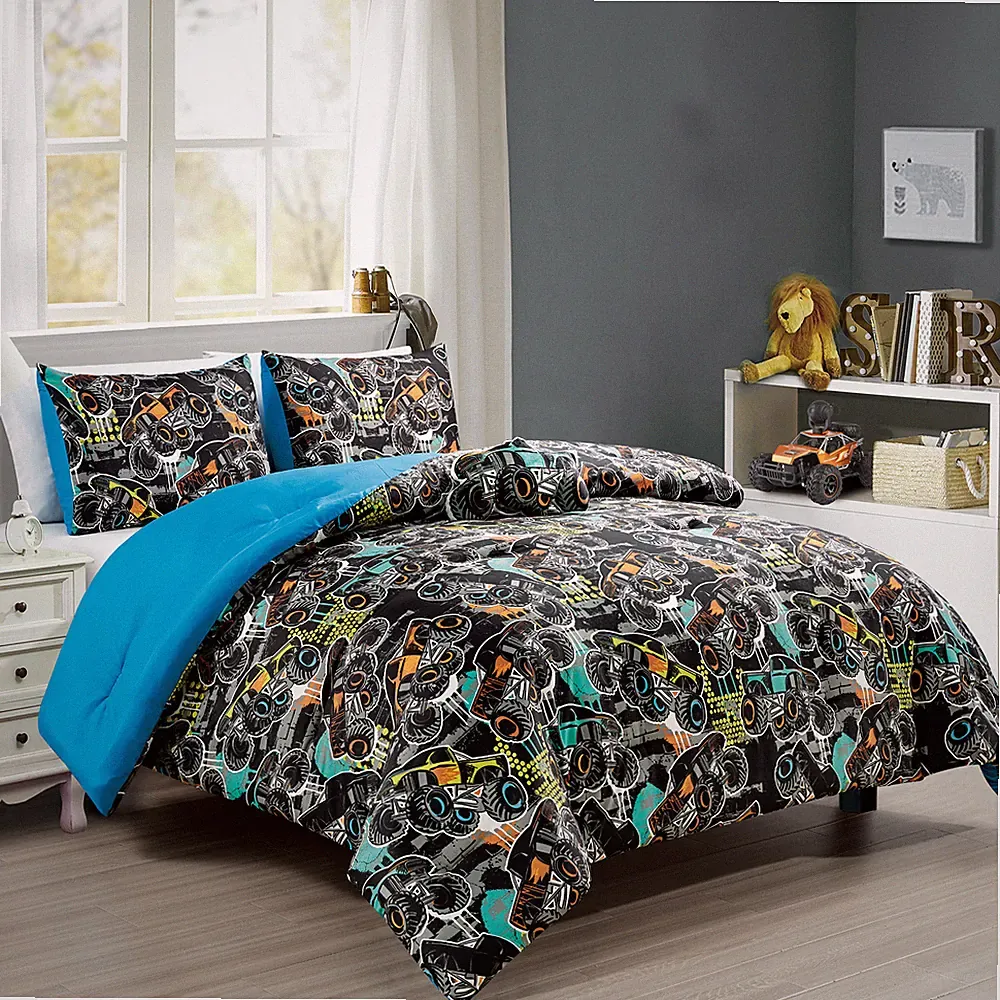 Blue Black Green Kids Bedding Monster Truck Racing Comforter Set w/ Truck Pillow
