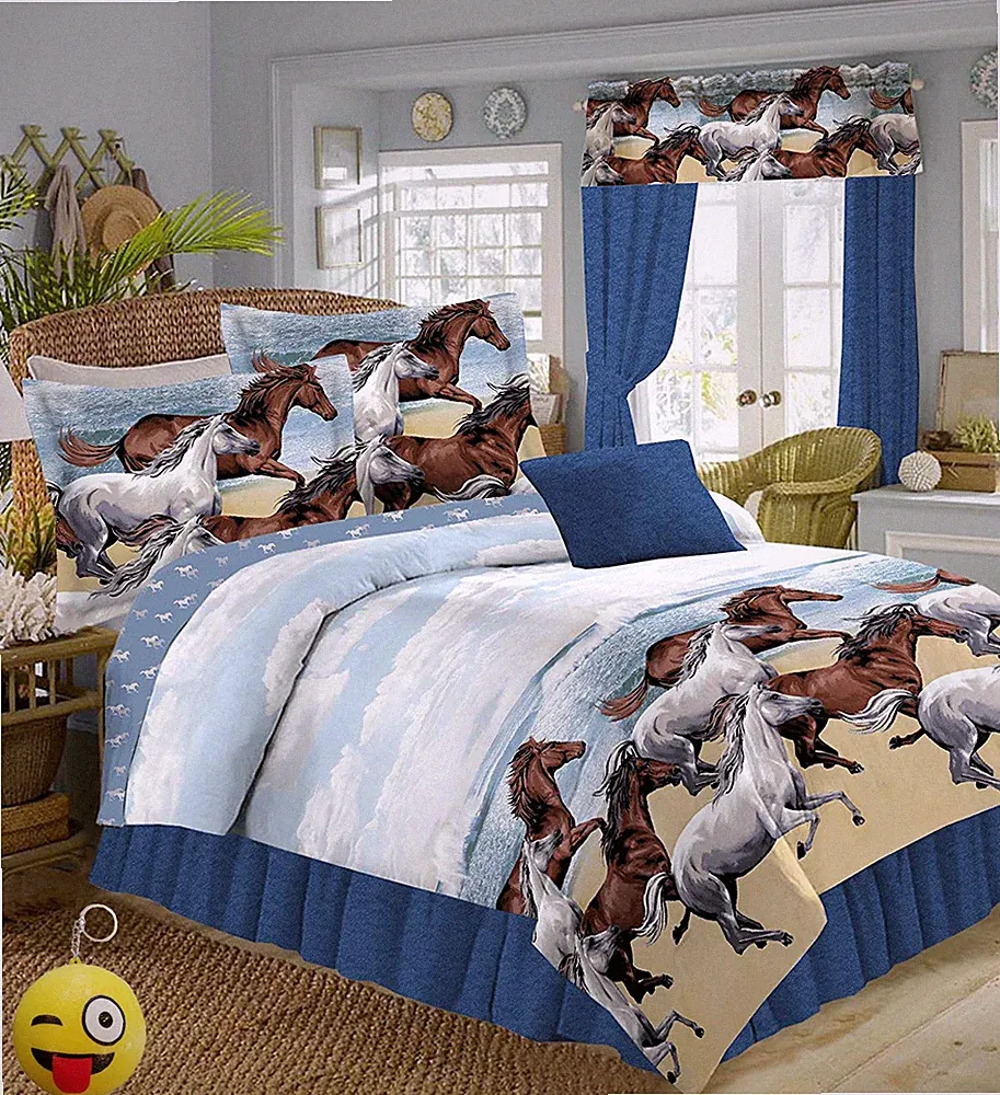 Blue COASTAL BEACH RUN HORSE COMFORTER SET & SHEETS Bed In A Bag