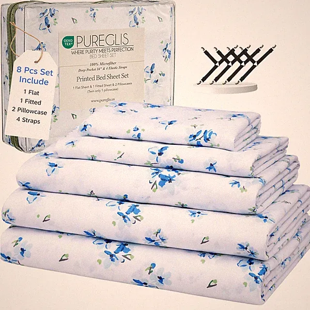 Blue Floral Queen Bed Sheets Set, 8-Piece Ultra Soft Microfiber, Deep Pocket...
