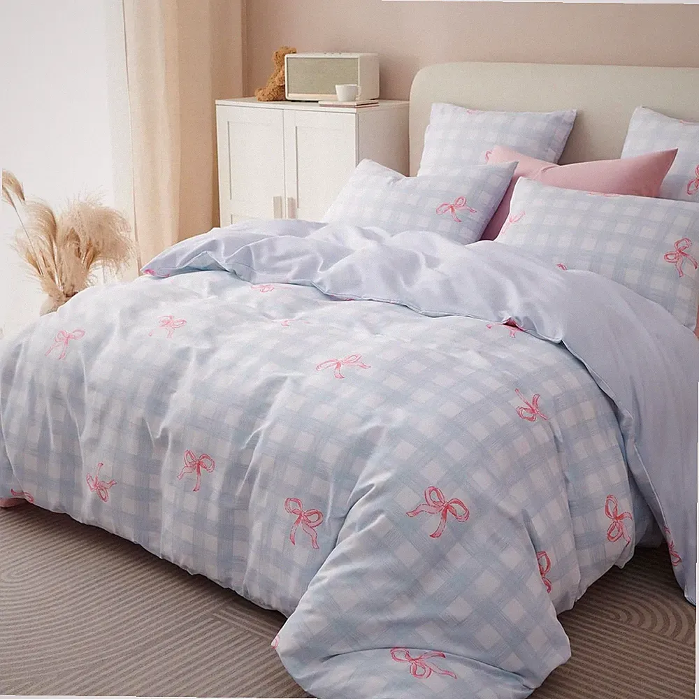 Blue Plaid Comforter Set Full Size - Pink Bow Quilt Bedding Set 3 Pieces, Gingha