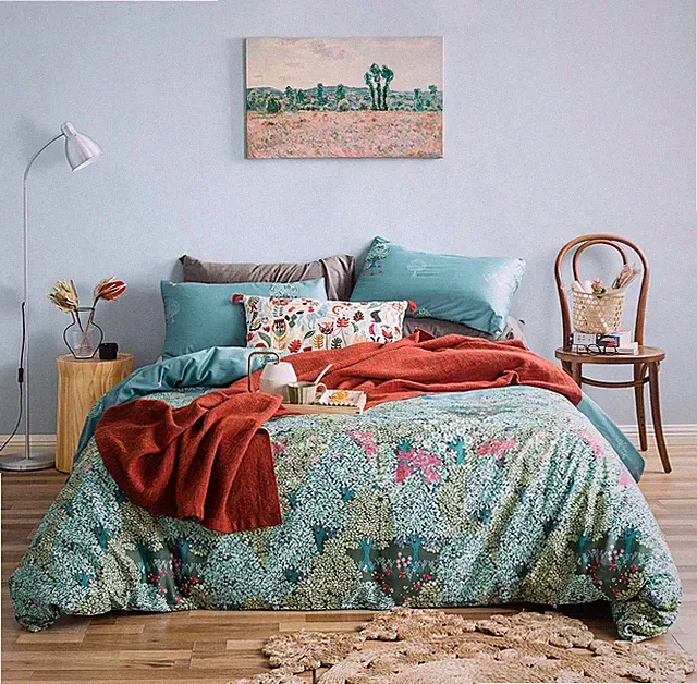 Botanical Duvet Cover Queen 100% Egyptian Cotton Green Leaves Duvet Cover Set...
