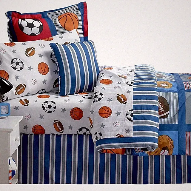 10pc FULL Boys Sports Patch Blue Reversible Comforter Set Sheets Valance Drapes