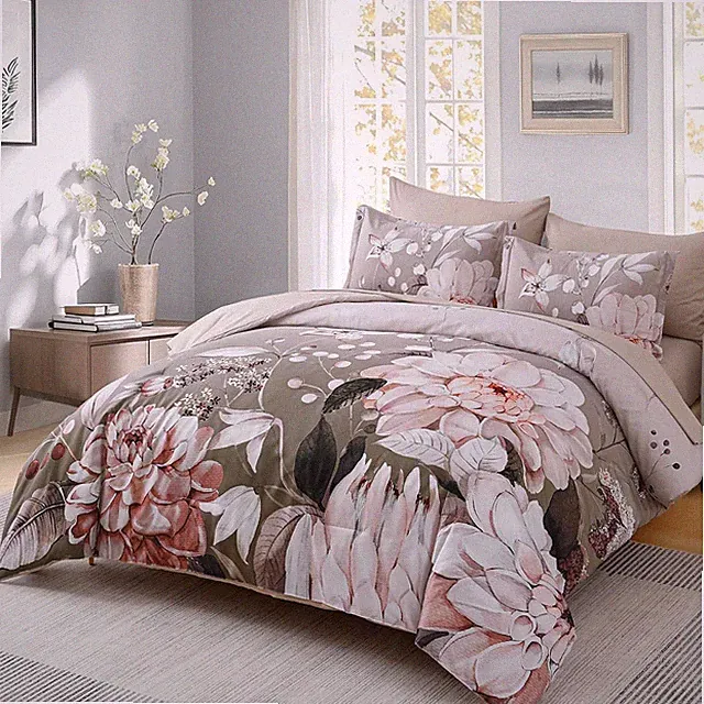 Brown Comforter Set King Size - 7 Pieces Floral Bedding Sets, Soft Botanical Flo